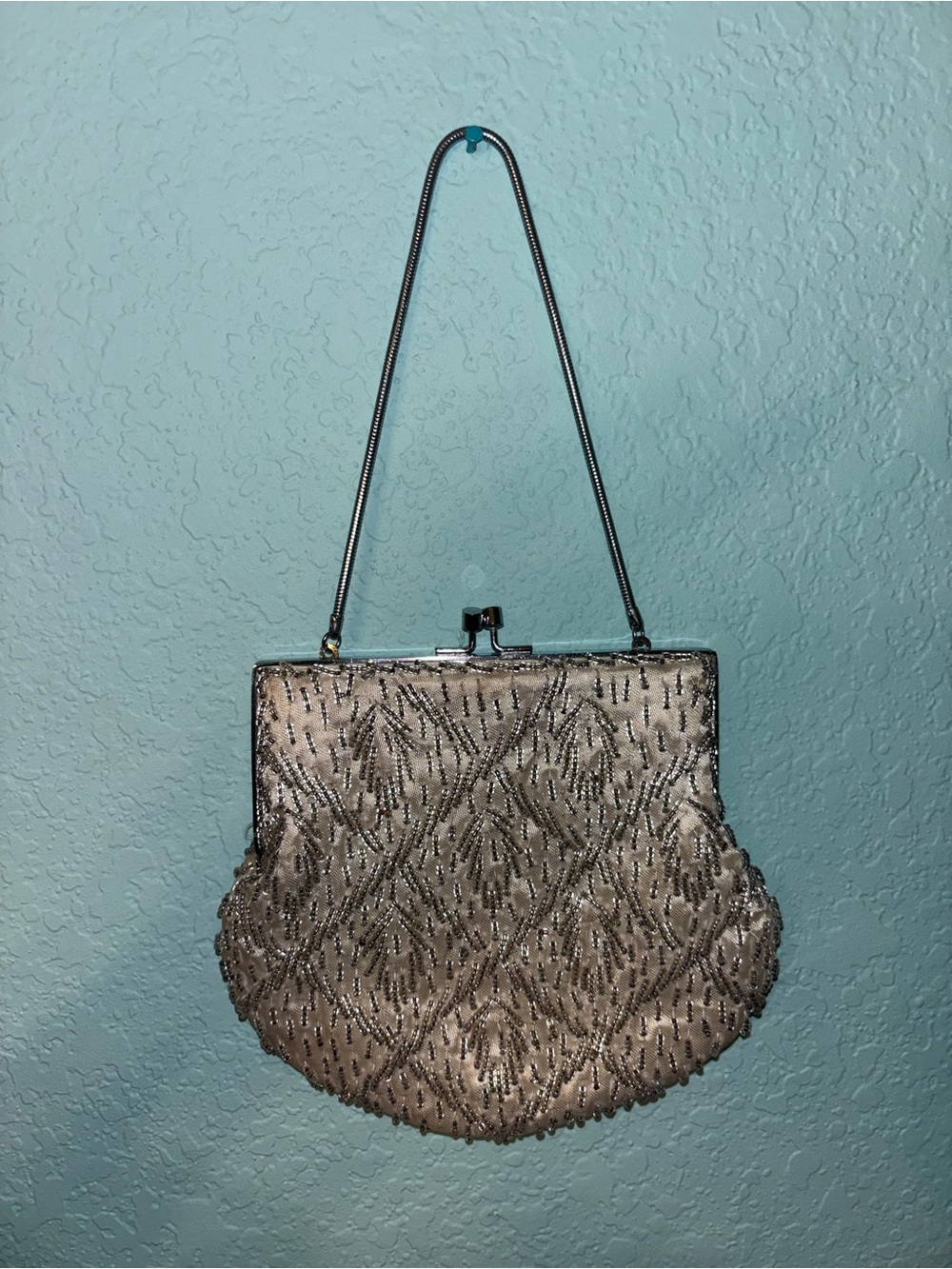 Beaded Ivory Evening Handbag with Chain Strap